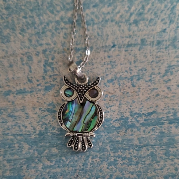 Silver tone Blue mother of pearl type look Owl Necklace with Intricate Metalwork - Picture 1 of 3